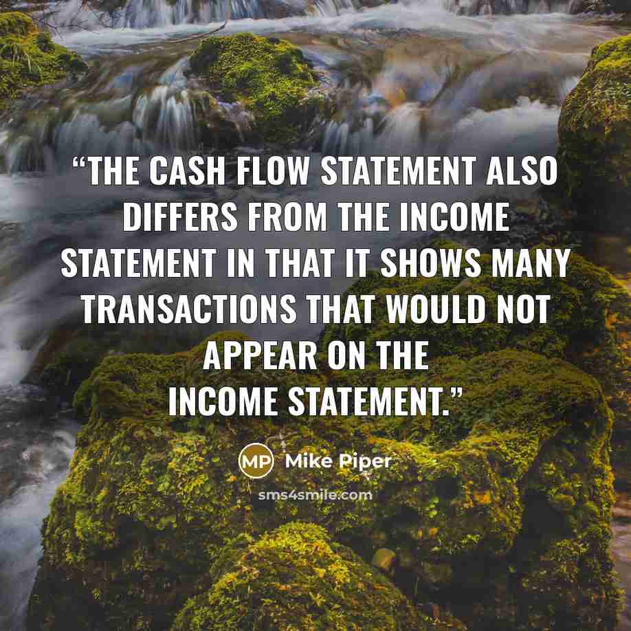 “The cash flow statement also differs from the income statement in that it shows many transactions that would not appear on the income statement.” quote by Mike Piper