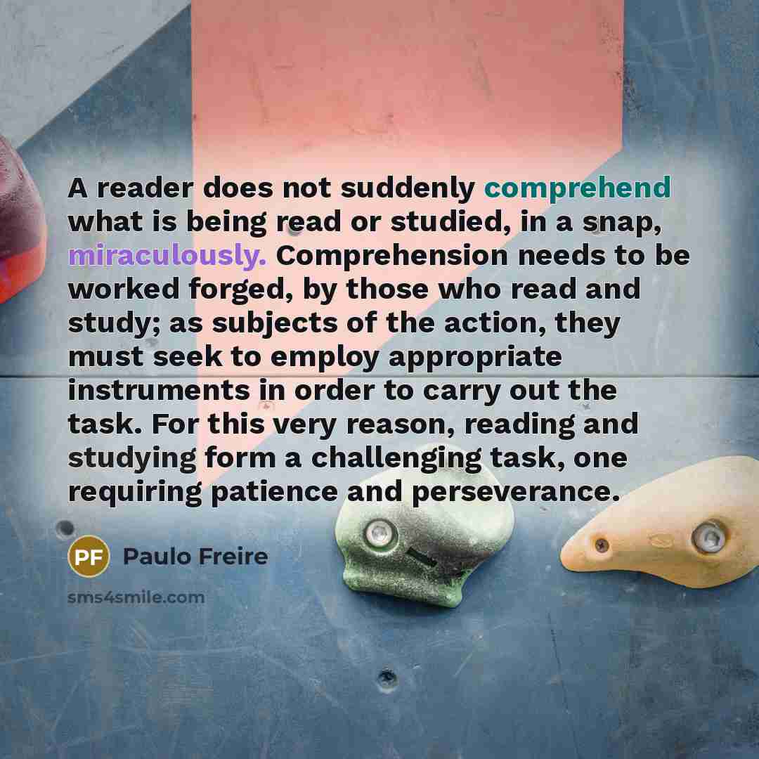 “A reader does not suddenly comprehend what is being read or studied, in a snap, miraculously. Comprehension needs to be worked forged, by those who read and study; as subjects of the action, they must seek to employ appropriate instruments in order to carry out the task. For this very reason…” quote by Paulo Freire