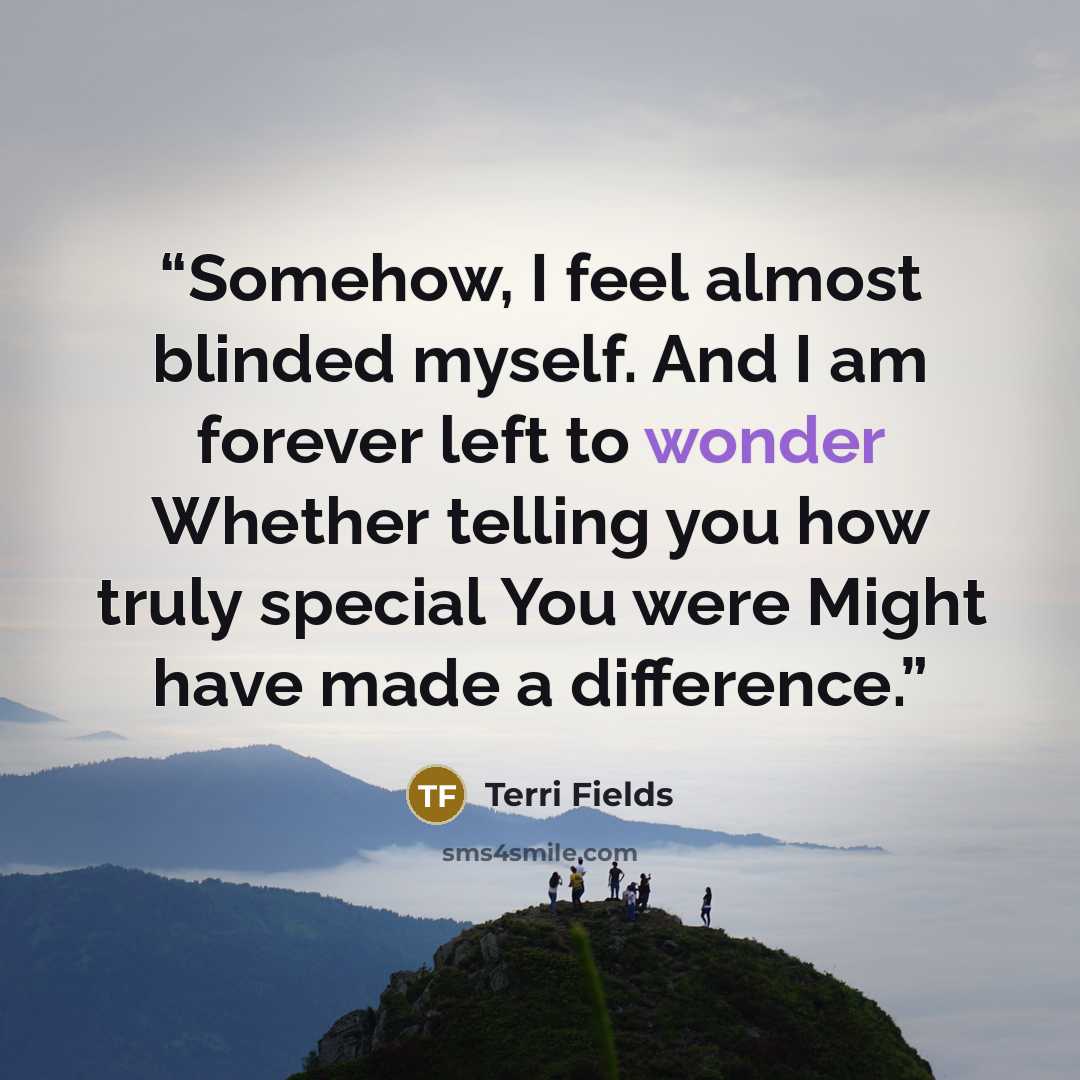 “Somehow, I feel almost blinded myself. And I am forever left to wonder Whether telling you how truly special You were Might have made a difference.” quote by Terri Fields