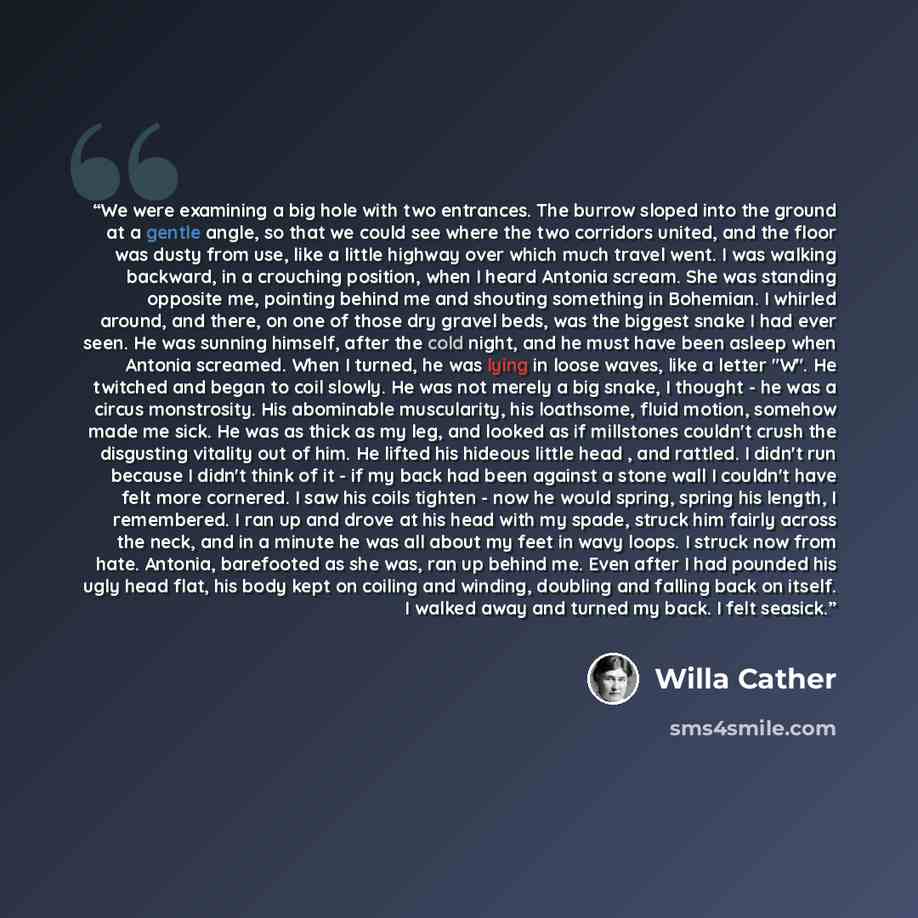 “We were examining a big hole with two entrances. The burrow sloped into the ground at a gentle angle, so that we could see where the two corridors united, and the floor was dusty from use, like a little highway over which much travel went. I was walking backward, in a crouching position, when I…” quote by Willa Cather