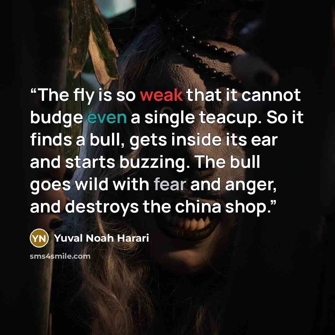 “The fly is so weak that it cannot budge even a single teacup. So it finds a bull, gets inside its ear and starts buzzing. The bull goes wild with fear and anger, and destroys the china shop.” quote by Yuval Noah Harari