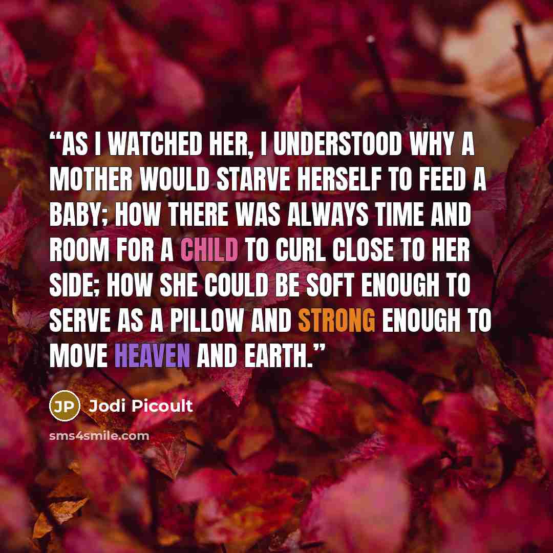 “As I watched her, I understood why a mother would starve herself to feed a baby; how there was always time and room for a child to curl close to her side; how she could be soft enough to serve as a pillow and strong enough to move heaven and earth.” quote by Jodi Picoult