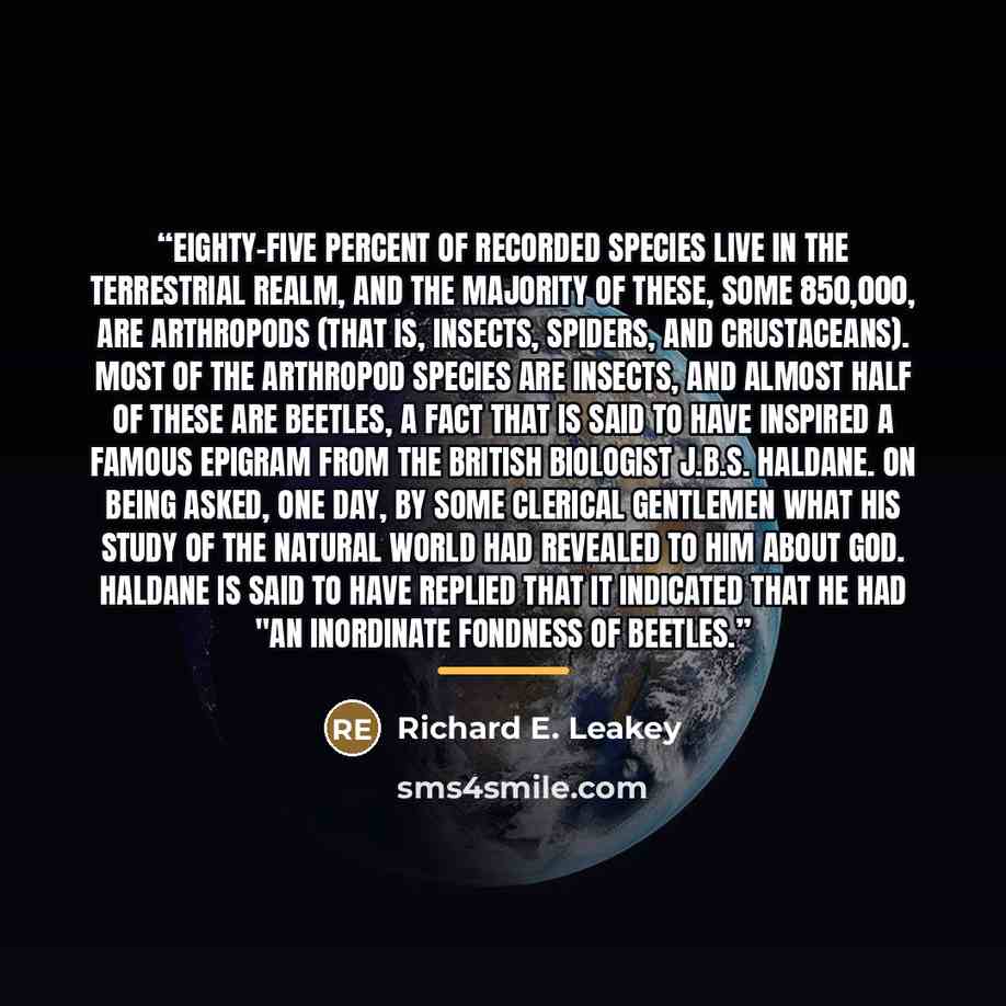 “Eighty-five percent of recorded species live in the terrestrial realm, and the majority of these, some 850,000, are arthropods (that is, insects, spiders, and crustaceans). Most of the arthropod species are insects, and almost half of these are beetles, a fact that is said to have inspired a…” quote by Richard E. Leakey