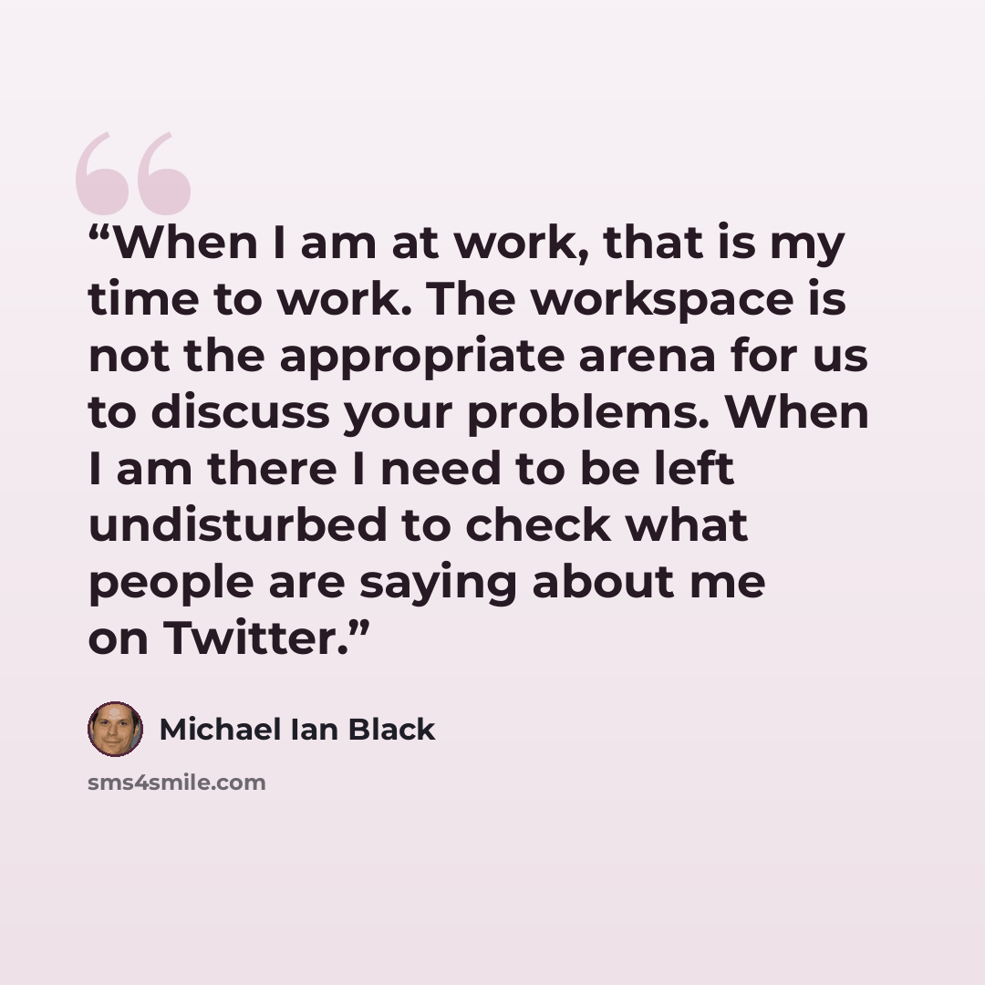 “When I am at work, that is my time to work. The workspace is not the appropriate arena for us to discuss your problems. When I am there I need to be left undisturbed to check what people are saying about me on Twitter.” quote by Michael Ian Black