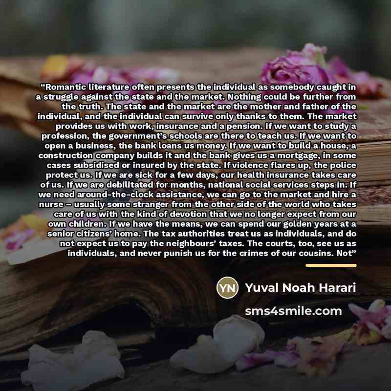 “Romantic literature often presents the individual as somebody caught in a struggle against the state and the market. Nothing could be further from the truth. The state and the market are the mother and father of the individual, and the individual can survive only thanks to them. The market…” quote by Yuval Noah Harari