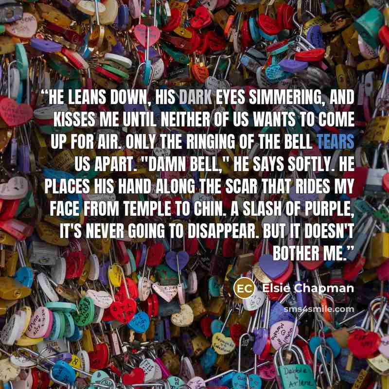 “He leans down, his dark eyes simmering, and kisses me until neither of us wants to come up for air. Only the ringing of the bell tears us apart. "Damn bell," he says softly. He places his hand along the scar that rides my face from temple to chin. A slash of purple, it's never going to disappear…” quote by Elsie Chapman