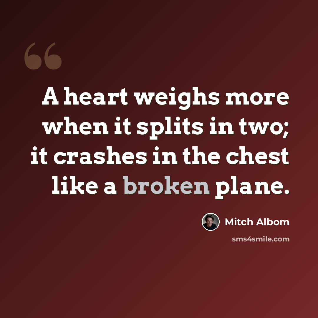 “A heart weighs more when it splits in two; it crashes in the chest like a broken plane.” quote by Mitch Albom