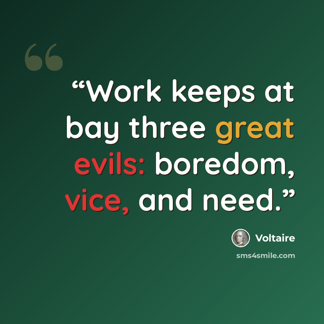 “Work keeps at bay three great evils: boredom, vice, and need.” quote by Voltaire