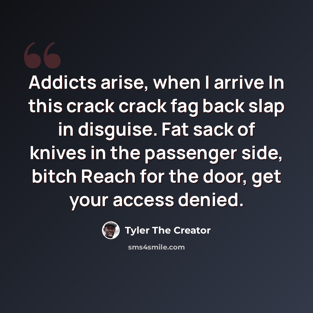 “Addicts arise, when I arrive In this crack crack fag back slap in disguise. Fat sack of knives in the passenger side, bitch Reach for the door, get your access denied.” quote by Tyler The Creator