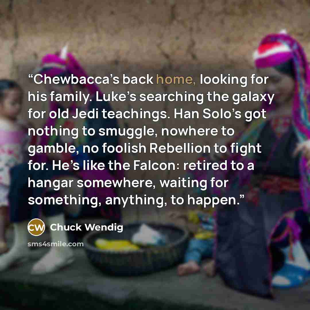 “Chewbacca’s back home, looking for his family. Luke’s searching the galaxy for old Jedi teachings. Han Solo’s got nothing to smuggle, nowhere to gamble, no foolish Rebellion to fight for. He’s like the Falcon: retired to a hangar somewhere, waiting for something, anything, to happen.” quote by Chuck Wendig