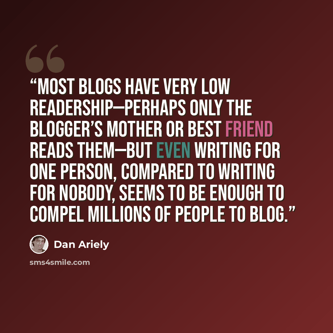 “Most blogs have very low readership—perhaps only the blogger’s mother or best friend reads them—but even writing for one person, compared to writing for nobody, seems to be enough to compel millions of people to blog.” quote by Dan Ariely