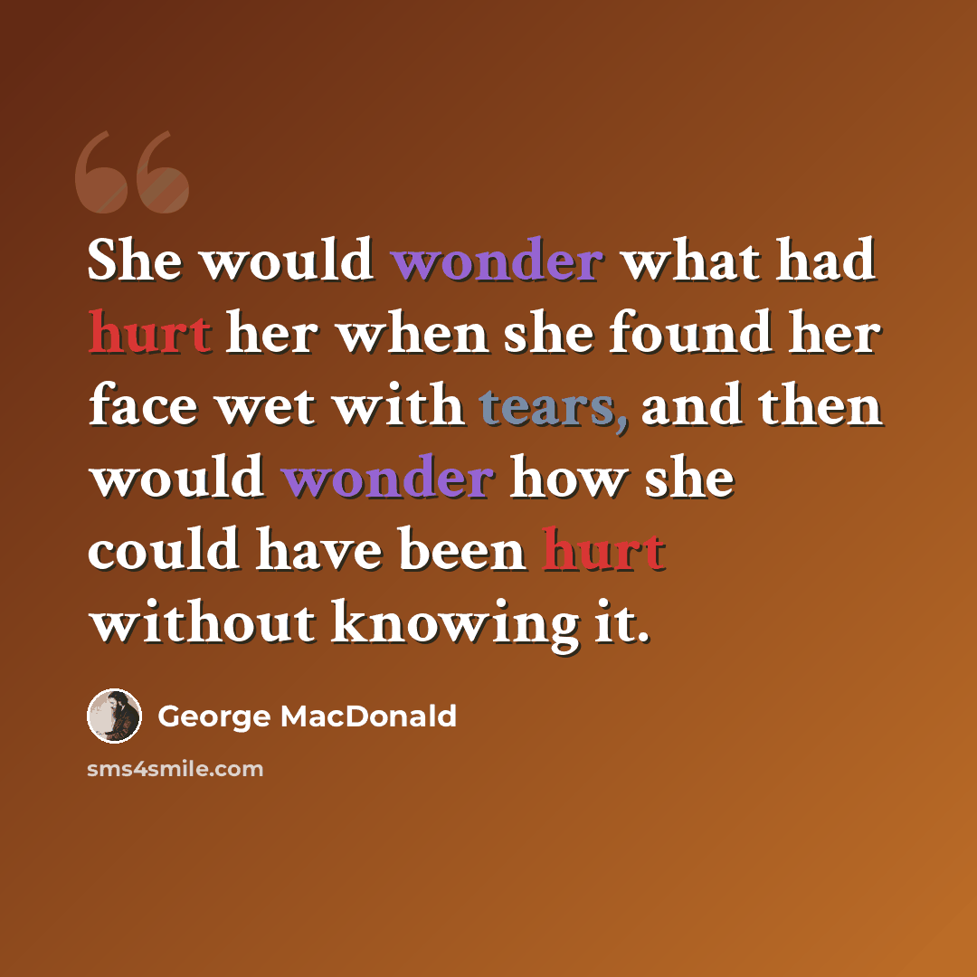“She would wonder what had hurt her when she found her face wet with tears, and then would wonder how she could have been hurt without knowing it.” quote by George MacDonald