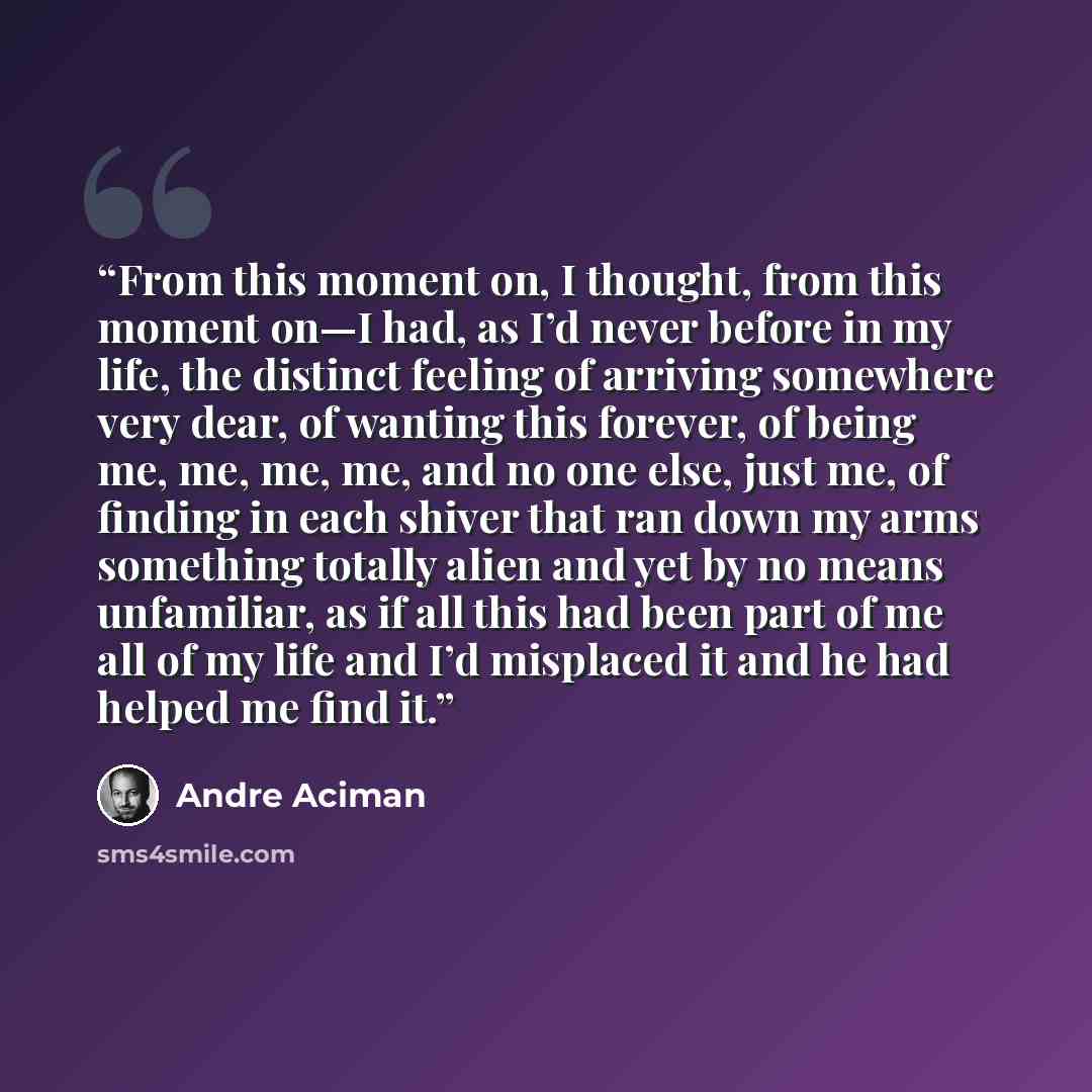 “From this moment on, I thought, from this moment on—I had, as I’d never before in my life, the distinct feeling of arriving somewhere very dear, of wanting this forever, of being me, me, me, me, and no one else, just me, of finding in each shiver that ran down my arms something totally alien and…” quote by André Aciman