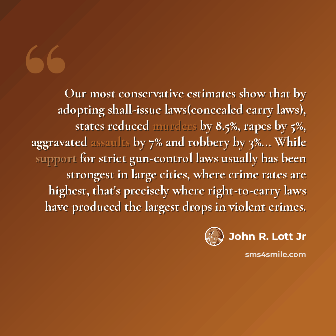 “Our most conservative estimates show that by adopting shall-issue laws(concealed carry laws), states reduced murders by 8.5%, rapes by 5%, aggravated assaults by 7% and robbery by 3%... While support for strict gun-control laws usually has been strongest in large cities, where crime rates are…” quote by John R. Lott Jr