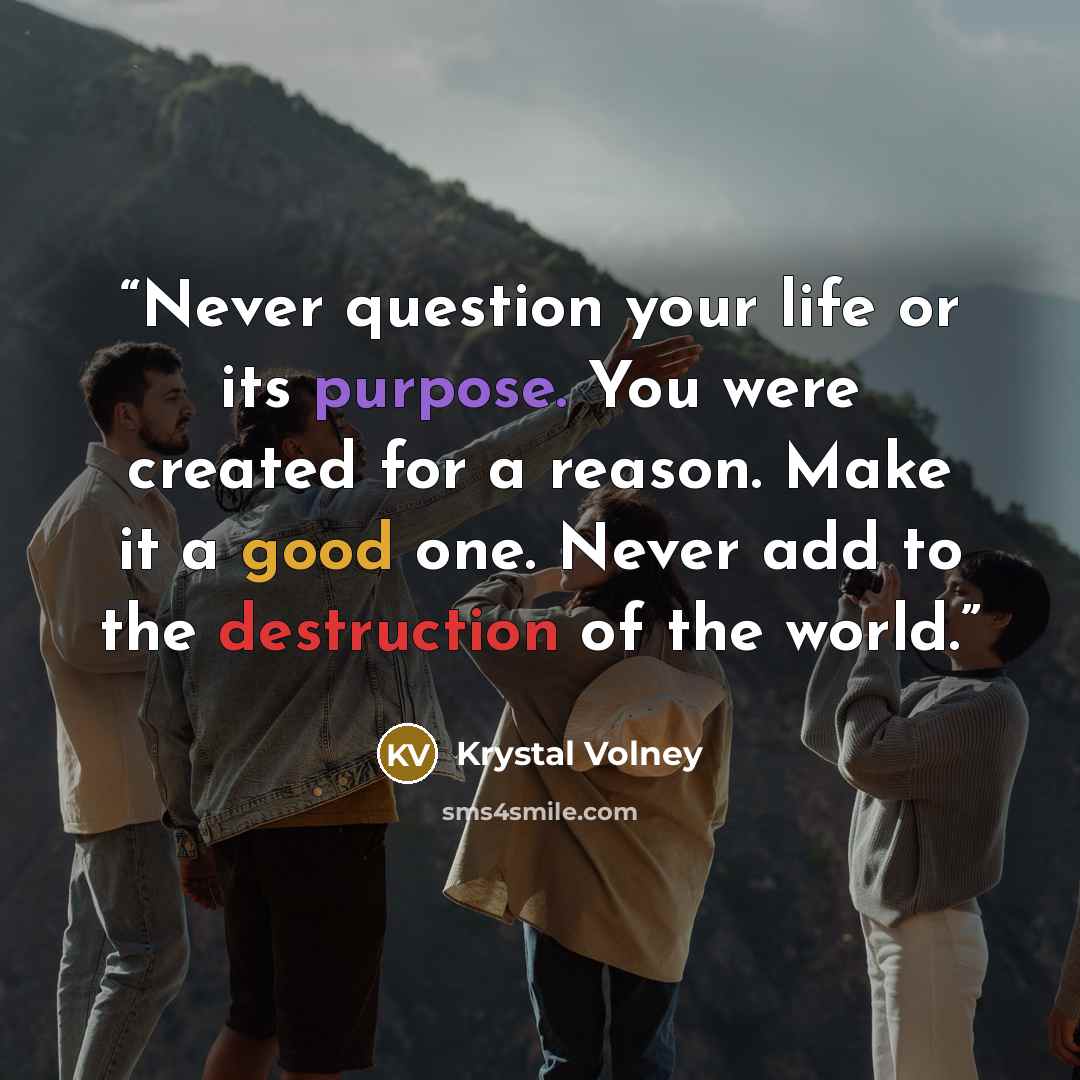 “Never question your life or its purpose. You were created for a reason. Make it a good one. Never add to the destruction of the world.” quote by Krystal Volney