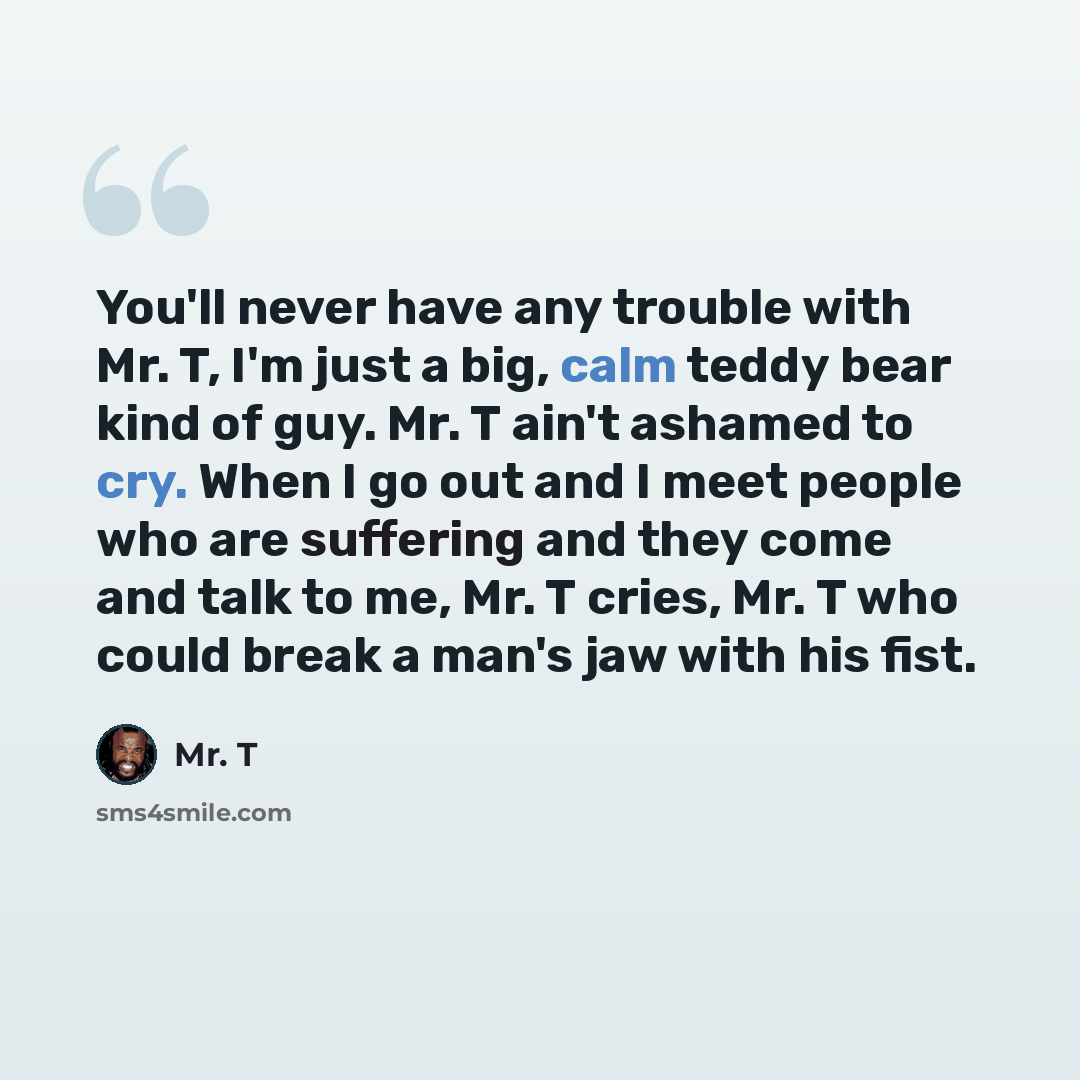 “You'll never have any trouble with Mr. T, I'm just a big, calm teddy bear kind of guy. Mr. T ain't ashamed to cry. When I go out and I meet people who are suffering and they come and talk to me, Mr. T cries, Mr. T who could break a man's jaw with his fist.” quote by Mr. T