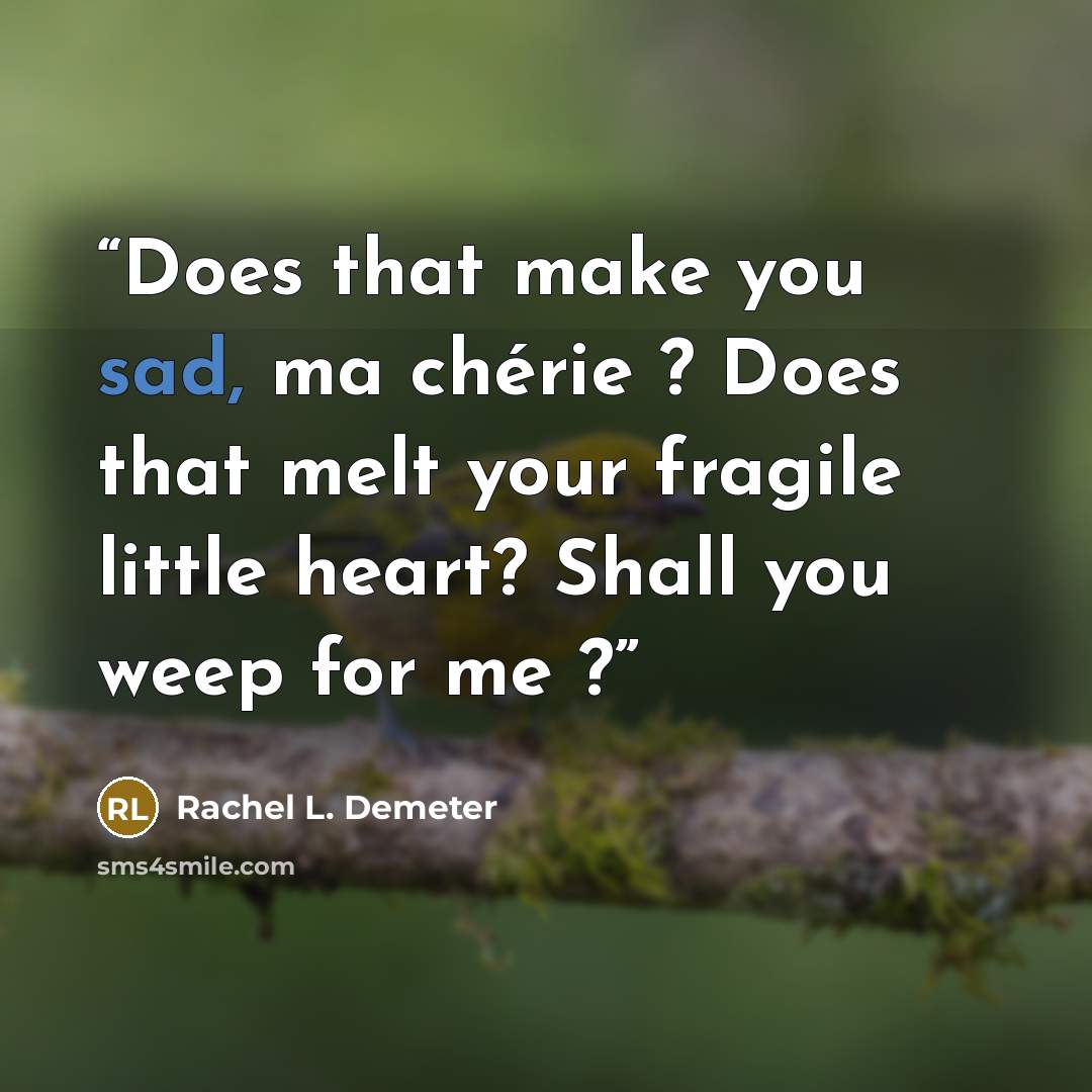 “Does that make you sad, ma chérie ? Does that melt your fragile little heart? Shall you weep for me ?” quote by Rachel L. Demeter