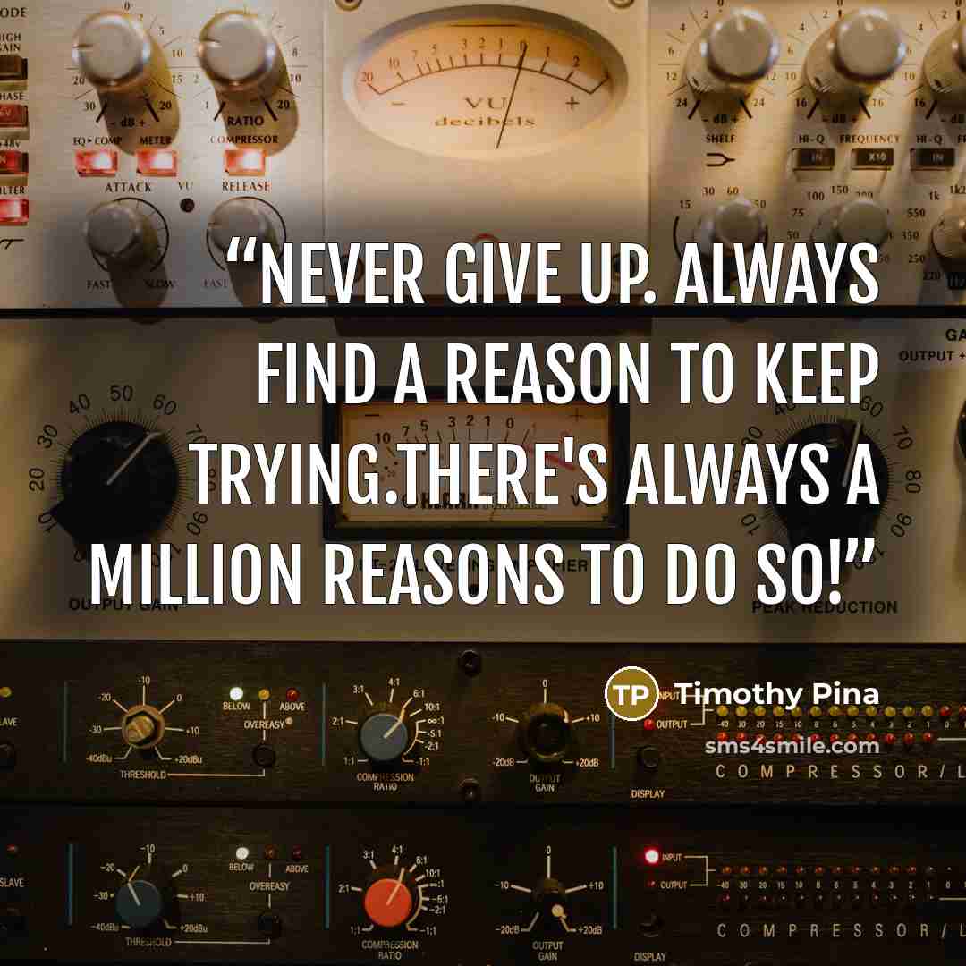 “Never give up. Always find a reason to keep trying.There's always a million reasons to do so!” quote by Timothy Pina