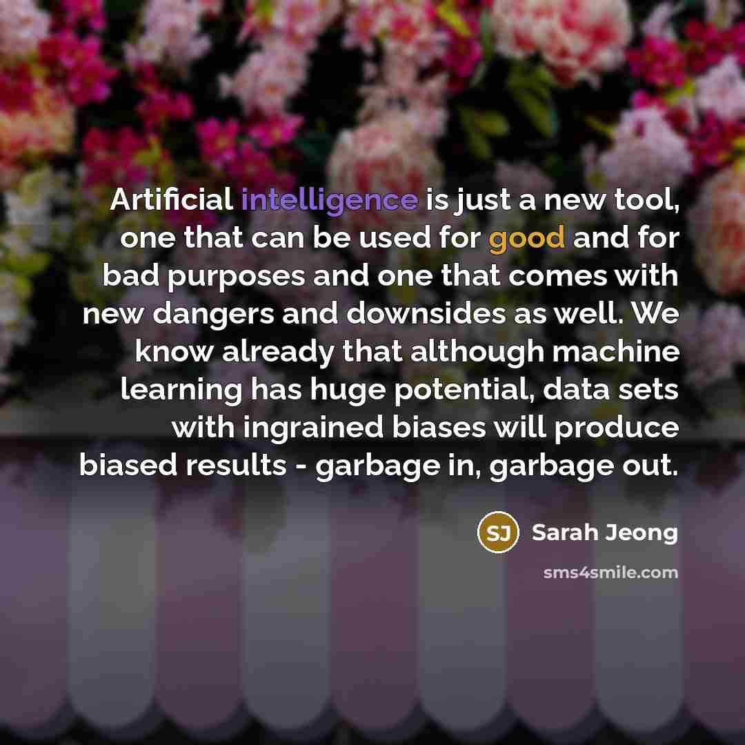 “Artificial intelligence is just a new tool, one that can be used for good and for bad purposes and one that comes with new dangers and downsides as well. We know already that although machine learning has huge potential, data sets with ingrained biases will produce biased results - garbage in…” quote by Sarah Jeong