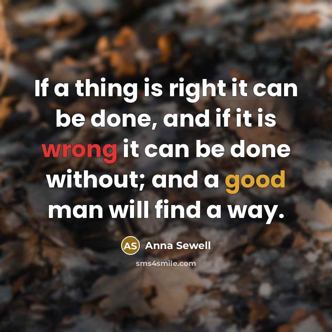“If a thing is right it can be done, and if it is wrong it can be done without; and a good man will find a way.” quote by Anna Sewell