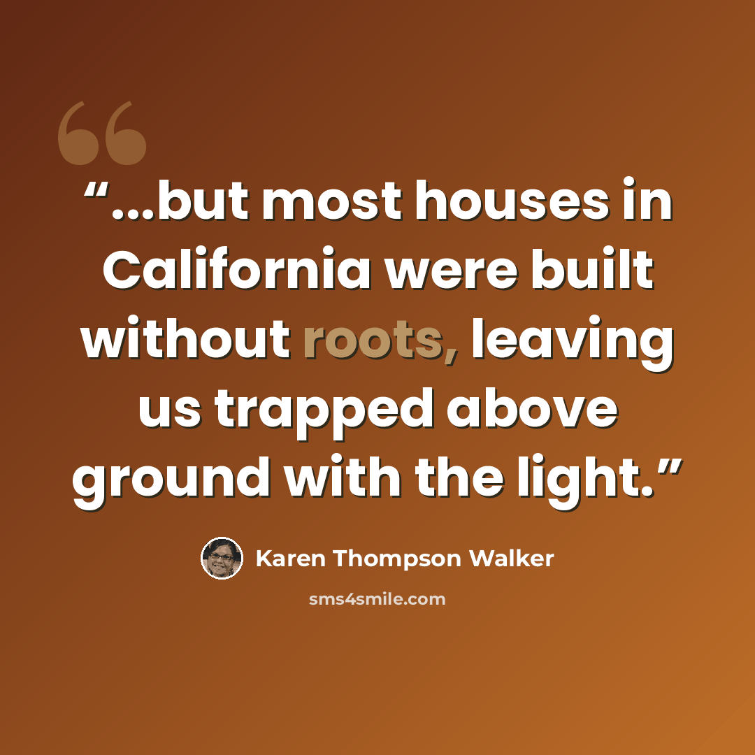 “...but most houses in California were built without roots, leaving us trapped above ground with the light.” quote by Karen Thompson Walker