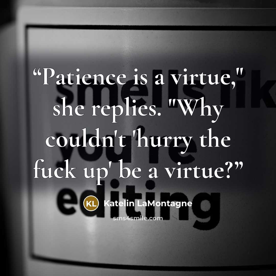 “Patience is a virtue," she replies. "Why couldn't 'hurry the fuck up' be a virtue?” quote by Katelin LaMontagne