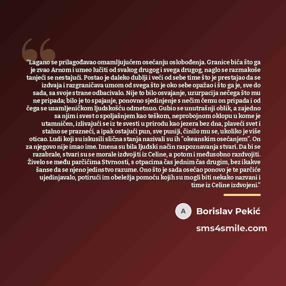 “Lagano se prilagođavao omamljujućem osećanju oslobođenja. Granice bića što ga je zvao Arnom i umeo lučiti od svakog drugog i svega drugog, naglo se razmakoše tanjeći se nestajući. Postao je daleko dublji i veći od sebe time što je prestajao da se izdvaja i razgraničava umom od svega što je oko…” quote by Borislav Pekić