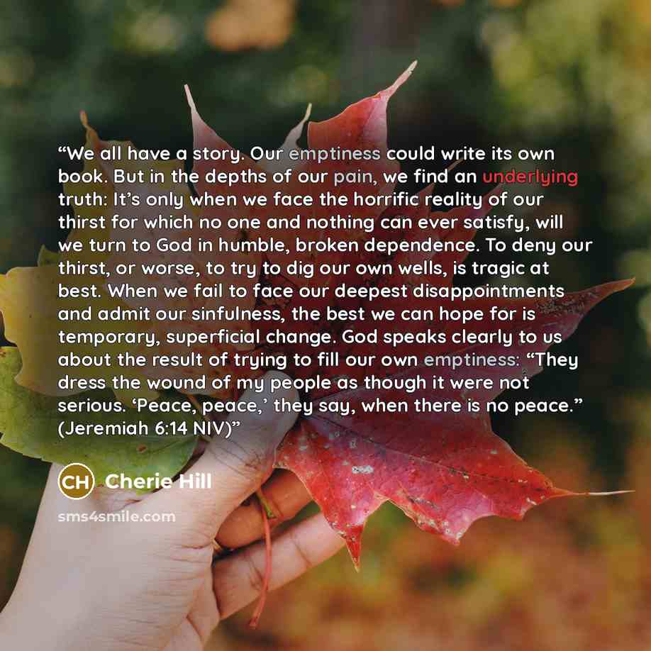 “We all have a story. Our emptiness could write its own book. But in the depths of our pain, we find an underlying truth: It’s only when we face the horrific reality of our thirst for which no one and nothing can ever satisfy, will we turn to God in humble, broken dependence. To deny our thirst, or…” quote by Cherie Hill