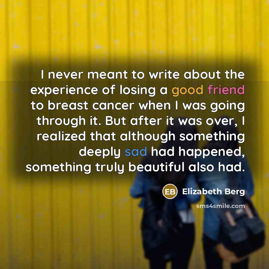 “I never meant to write about the experience of losing a good friend to breast cancer when I was going through it. But after it was over, I realized that although something deeply sad had happened, something truly beautiful also had.” quote by Elizabeth Berg