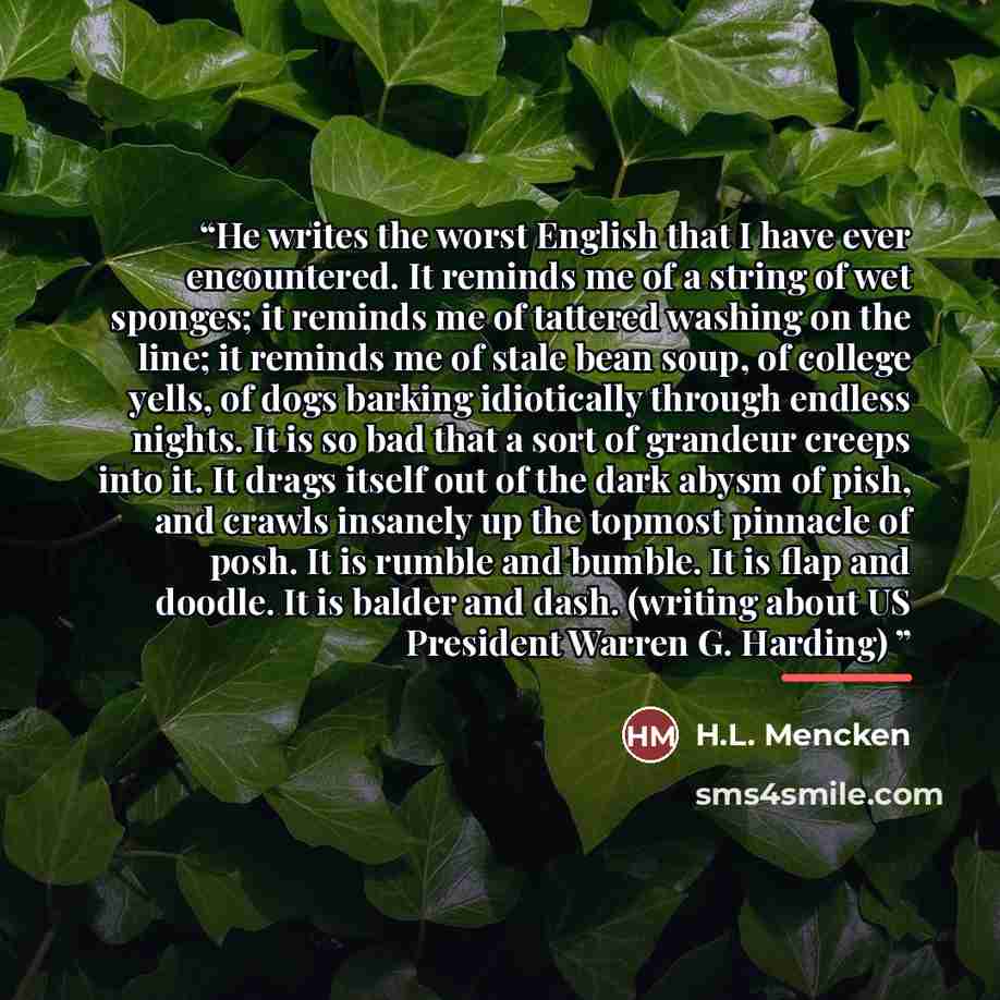 “He writes the worst English that I have ever encountered. It reminds me of a string of wet sponges; it reminds me of tattered washing on the line; it reminds me of stale bean soup, of college yells, of dogs barking idiotically through endless nights. It is so bad that a sort of grandeur creeps…” quote by H.L. Mencken