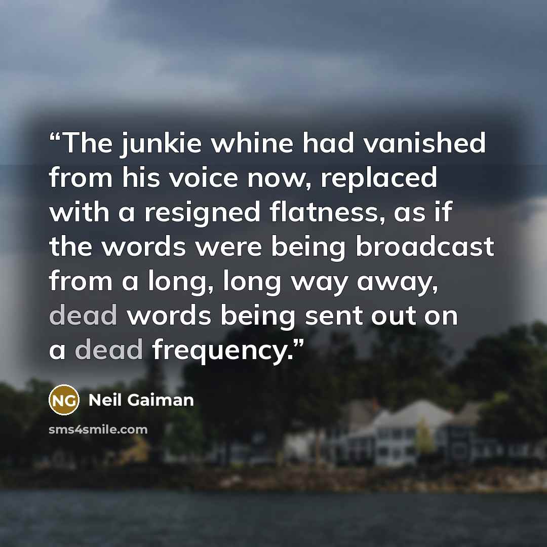 “The junkie whine had vanished from his voice now, replaced with a resigned flatness, as if the words were being broadcast from a long, long way away, dead words being sent out on a dead frequency.” quote by Neil Gaiman
