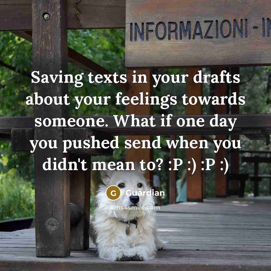 “Saving texts in your drafts about your feelings towards someone. What if one day you pushed send when you didn't mean to? :P :) :P :)” quote by Guardian