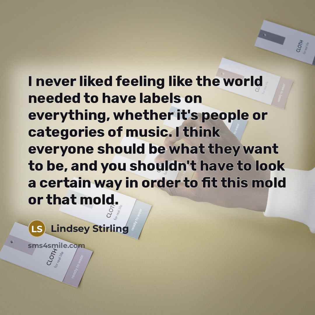 “I never liked feeling like the world needed to have labels on everything, whether it's people or categories of music. I think everyone should be what they want to be, and you shouldn't have to look a certain way in order to fit this mold or that mold.” quote by Lindsey Stirling