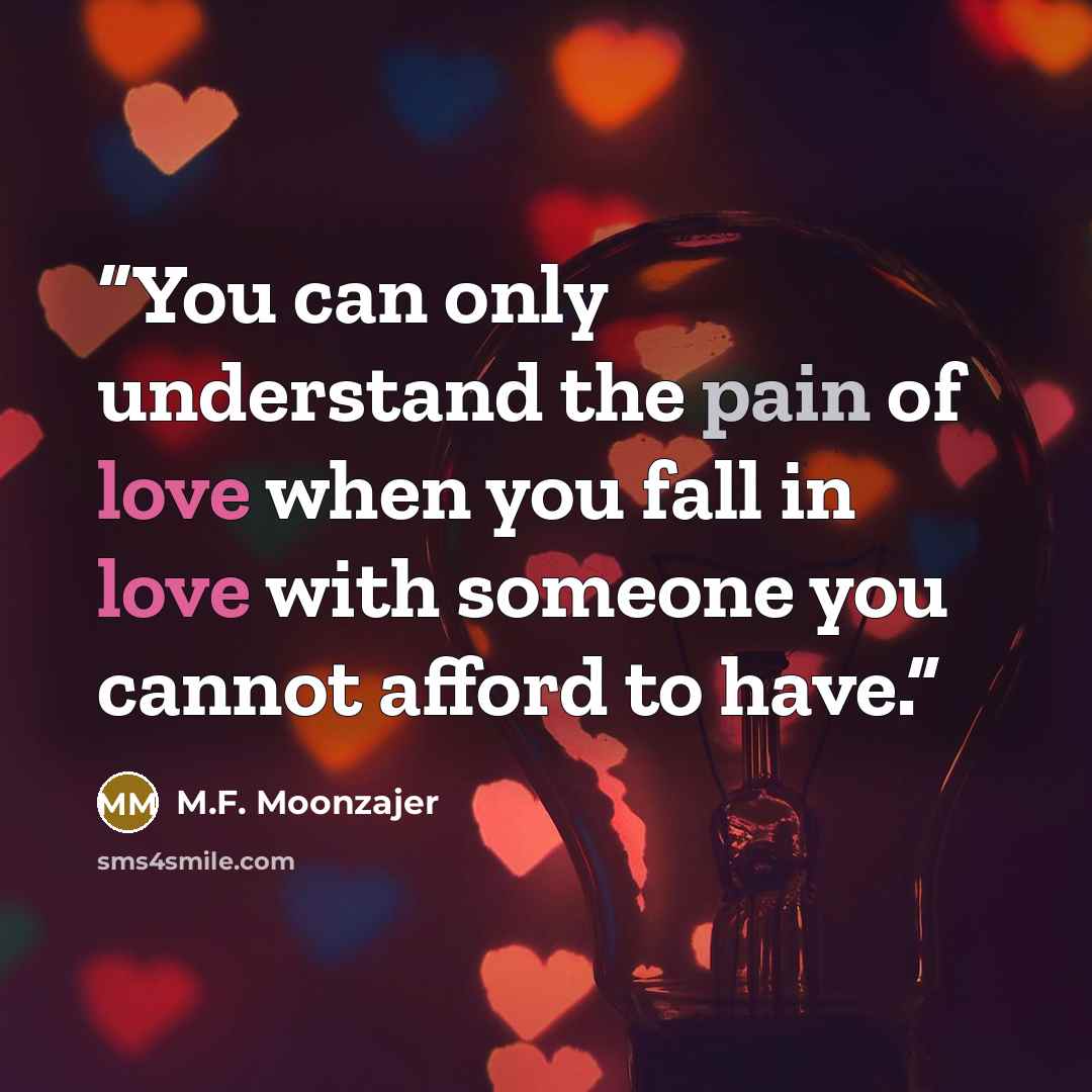 “You can only understand the pain of love when you fall in love with someone you cannot afford to have.” quote by M.F. Moonzajer