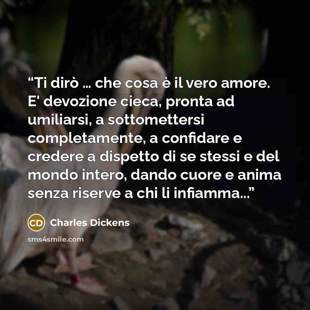 “Ti dirò … che cosa è il vero amore. E' devozione cieca, pronta ad umiliarsi, a sottomettersi completamente, a confidare e credere a dispetto di se stessi e del mondo intero, dando cuore e anima senza riserve a chi li infiamma...” quote by Charles Dickens