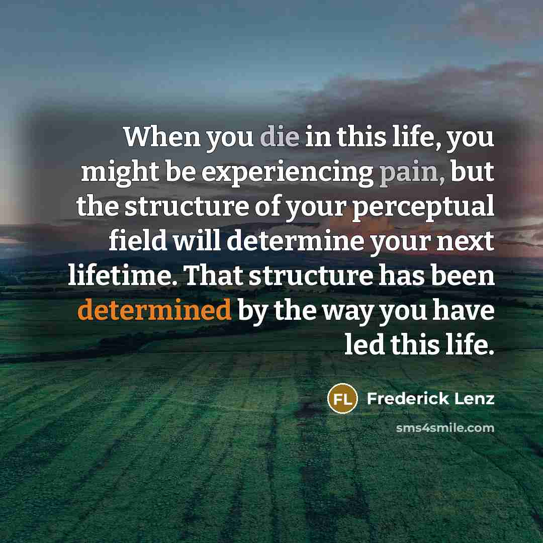 “When you die in this life, you might be experiencing pain, but the structure of your perceptual field will determine your next lifetime. That structure has been determined by the way you have led this life.” quote by Frederick Lenz