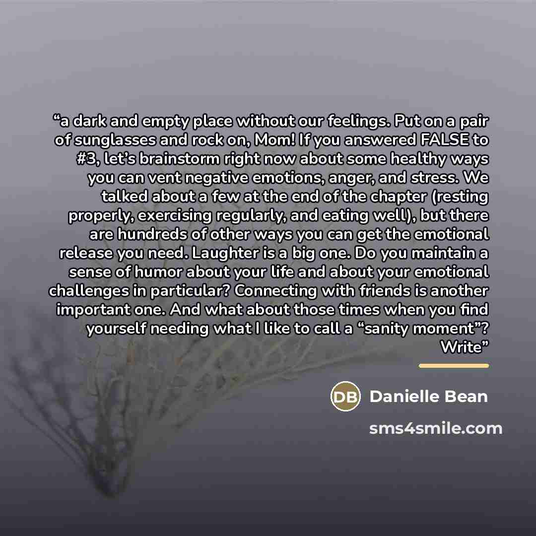 “a dark and empty place without our feelings. Put on a pair of sunglasses and rock on, Mom! If you answered FALSE to #3, let’s brainstorm right now about some healthy ways you can vent negative emotions, anger, and stress. We talked about a few at the end of the chapter (resting properly…” quote by Danielle Bean