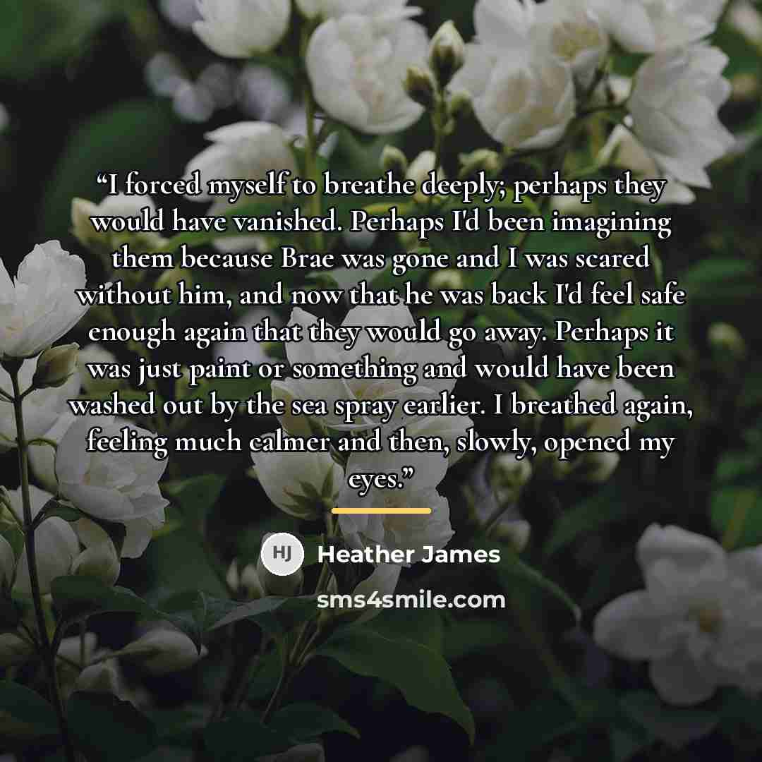 “I forced myself to breathe deeply; perhaps they would have vanished. Perhaps I'd been imagining them because Brae was gone and I was scared without him, and now that he was back I'd feel safe enough again that they would go away. Perhaps it was just paint or something and would have been washed…” quote by Heather James