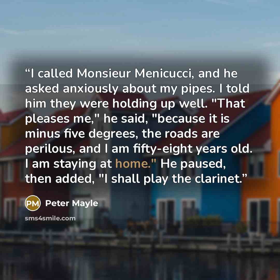 “I called Monsieur Menicucci, and he asked anxiously about my pipes. I told him they were holding up well. "That pleases me," he said, "because it is minus five degrees, the roads are perilous, and I am fifty-eight years old. I am staying at home." He paused, then added, "I shall play the clarinet.” quote by Peter Mayle
