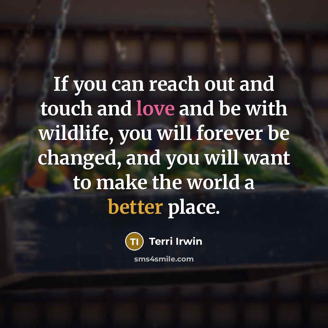 “If you can reach out and touch and love and be with wildlife, you will forever be changed, and you will want to make the world a better place.” quote by Terri Irwin