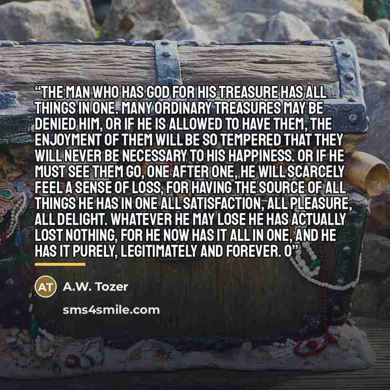 “The man who has God for his treasure has all things in One. Many ordinary treasures may be denied him, or if he is allowed to have them, the enjoyment of them will be so tempered that they will never be necessary to his happiness. Or if he must see them go, one after one, he will scarcely feel a…” quote by A.W. Tozer