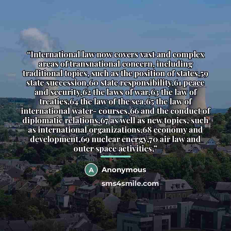 “International law now covers vast and complex areas of transnational concern, including traditional topics, such as the position of states,59 state succession,60 state responsibility,61 peace and security,62 the laws of war,63 the law of treaties,64 the law of the sea,65 the law of international…” quote by Anonymous