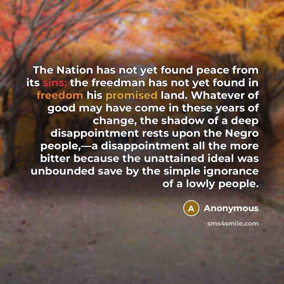 “The Nation has not yet found peace from its sins; the freedman has not yet found in freedom his promised land. Whatever of good may have come in these years of change, the shadow of a deep disappointment rests upon the Negro people,—a disappointment all the more bitter because the unattained ideal…” quote by Anonymous