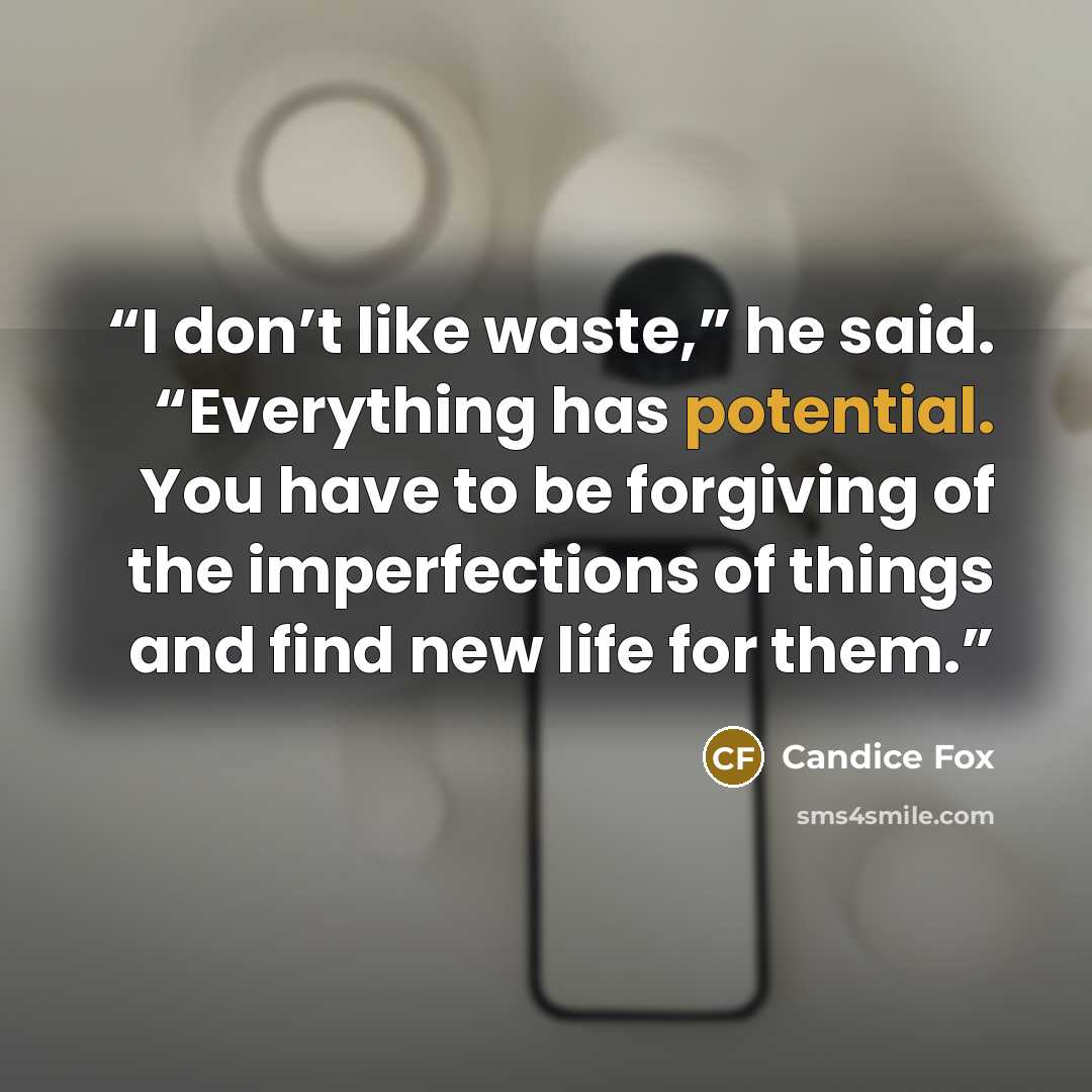 “I don’t like waste,” he said. “Everything has potential. You have to be forgiving of the imperfections of things and find new life for them.” quote by Candice Fox