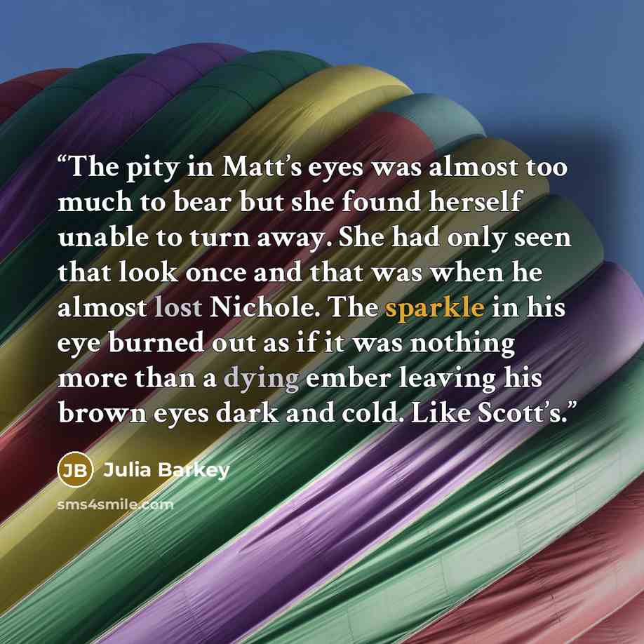 “The pity in Matt’s eyes was almost too much to bear but she found herself unable to turn away. She had only seen that look once and that was when he almost lost Nichole. The sparkle in his eye burned out as if it was nothing more than a dying ember leaving his brown eyes dark and cold. Like Scott’s.” quote by Julia Barkey