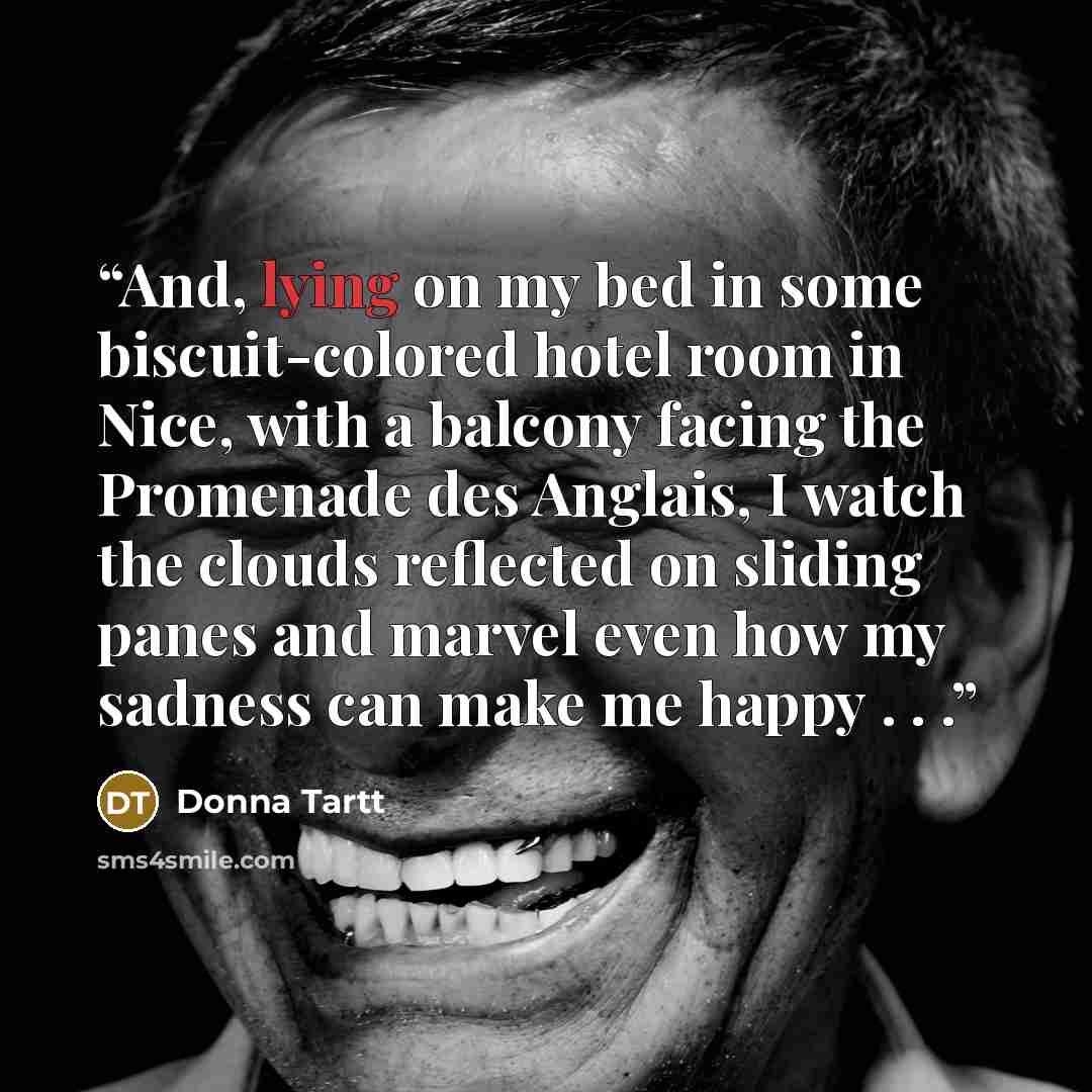 “And, lying on my bed in some biscuit-colored hotel room in Nice, with a balcony facing the Promenade des Anglais, I watch the clouds reflected on sliding panes and marvel even how my sadness can make me happy . . .” quote by Donna Tartt