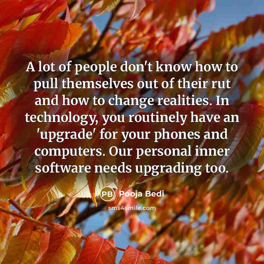 “A lot of people don't know how to pull themselves out of their rut and how to change realities. In technology, you routinely have an 'upgrade' for your phones and computers. Our personal inner software needs upgrading too.” quote by Pooja Bedi