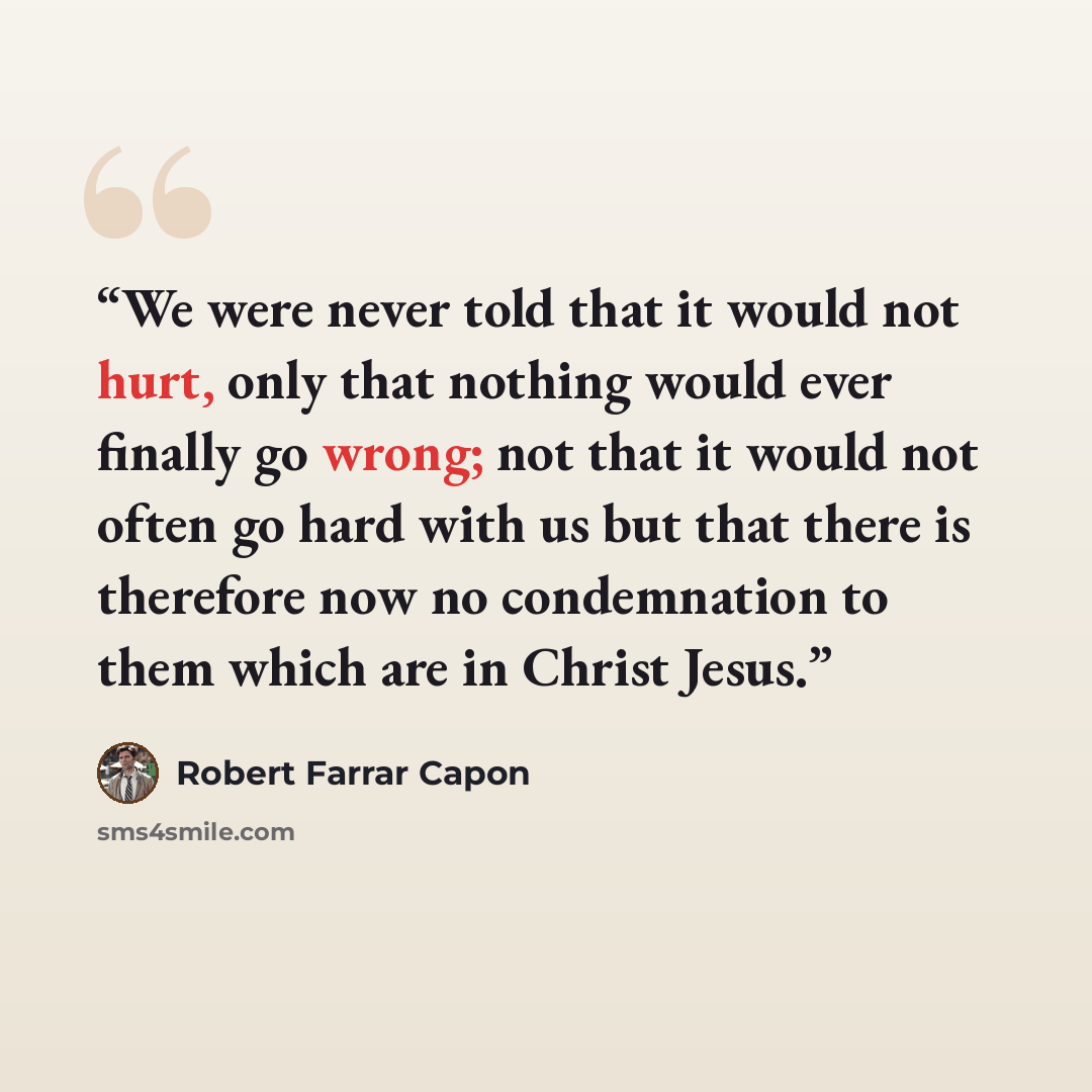 “We were never told that it would not hurt, only that nothing would ever finally go wrong; not that it would not often go hard with us but that there is therefore now no condemnation to them which are in Christ Jesus.” quote by Robert Farrar Capon