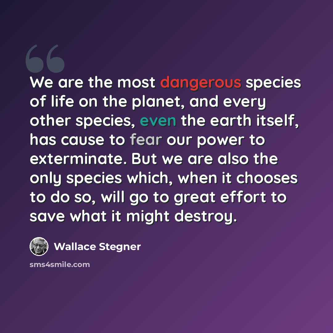 “We are the most dangerous species of life on the planet, and every other species, even the earth itself, has cause to fear our power to exterminate. But we are also the only species which, when it chooses to do so, will go to great effort to save what it might destroy.” quote by Wallace Stegner