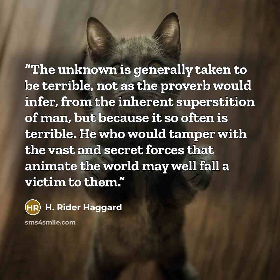 “The unknown is generally taken to be terrible, not as the proverb would infer, from the inherent superstition of man, but because it so often is terrible. He who would tamper with the vast and secret forces that animate the world may well fall a victim to them.” quote by H. Rider Haggard